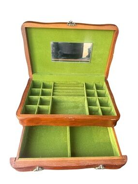 Vintage Wooden Two Level Green Velvet Jewelry Organizer Box with Mirror